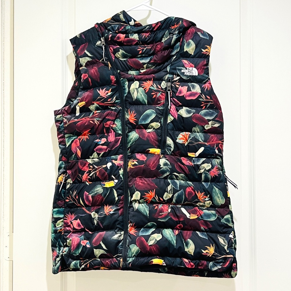 THE NORTH FACE NICHE HOODED VEST L 550 Down Puffer Toucan Floral tropical RARE
